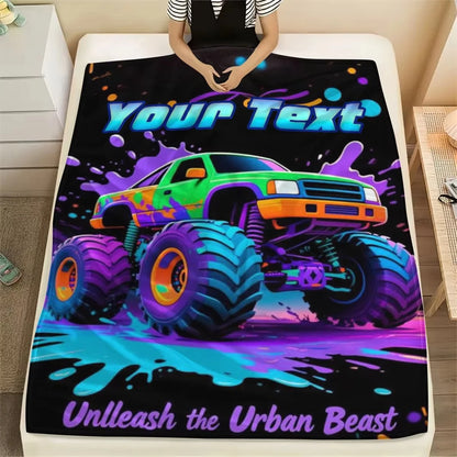 Personalized Name Cartoon Monster Truck Flannel Blanket