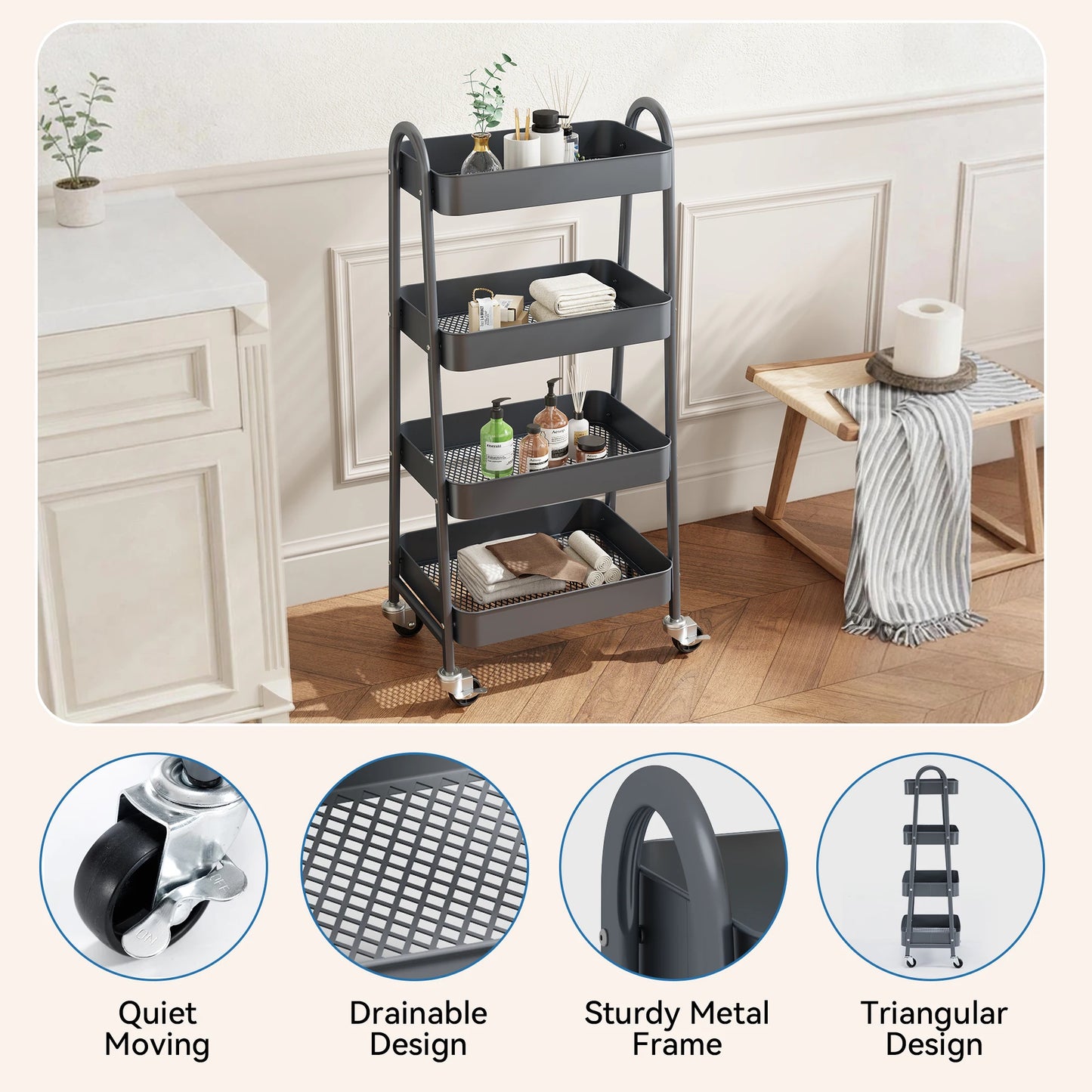 4-Tier Storage Kitchen Cart with Lockable Wheels