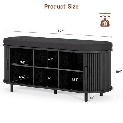 Fluted Shoe Bench with Cushion, Sliding Door