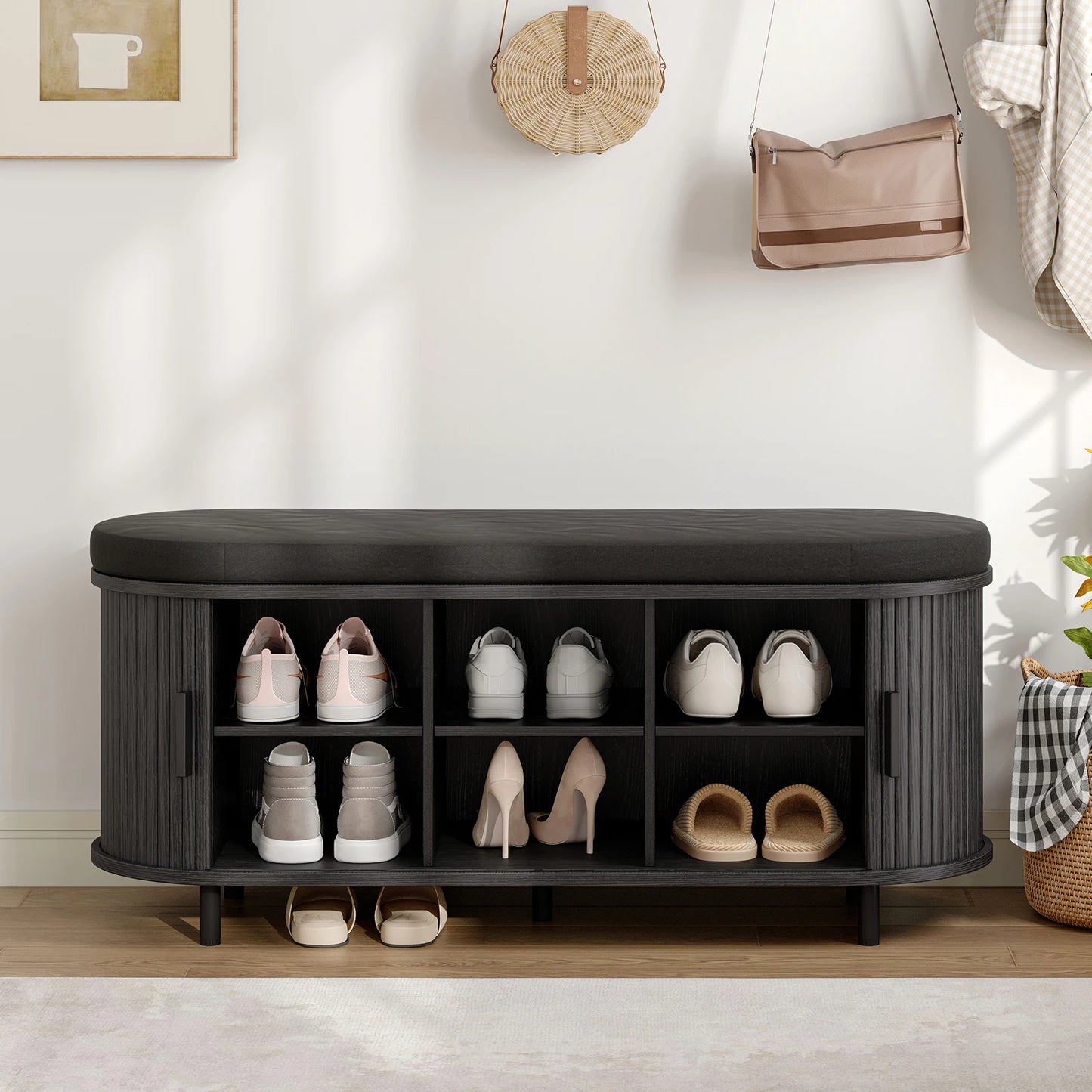 Fluted Shoe Bench with Cushion, Sliding Door