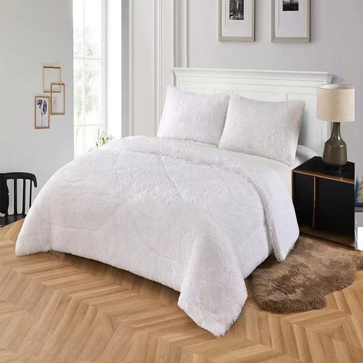 3pc Solid Color Shaggy Comforter Set Luxury PV Faux Fur & Soft Velvet Back Ultra Plush Warm Winter Quilt Thick Minky Fleece Cozy