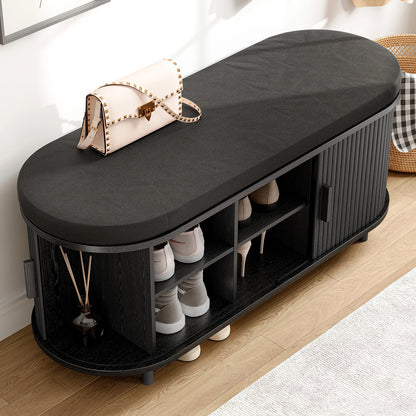Fluted Shoe Bench with Cushion, Sliding Door