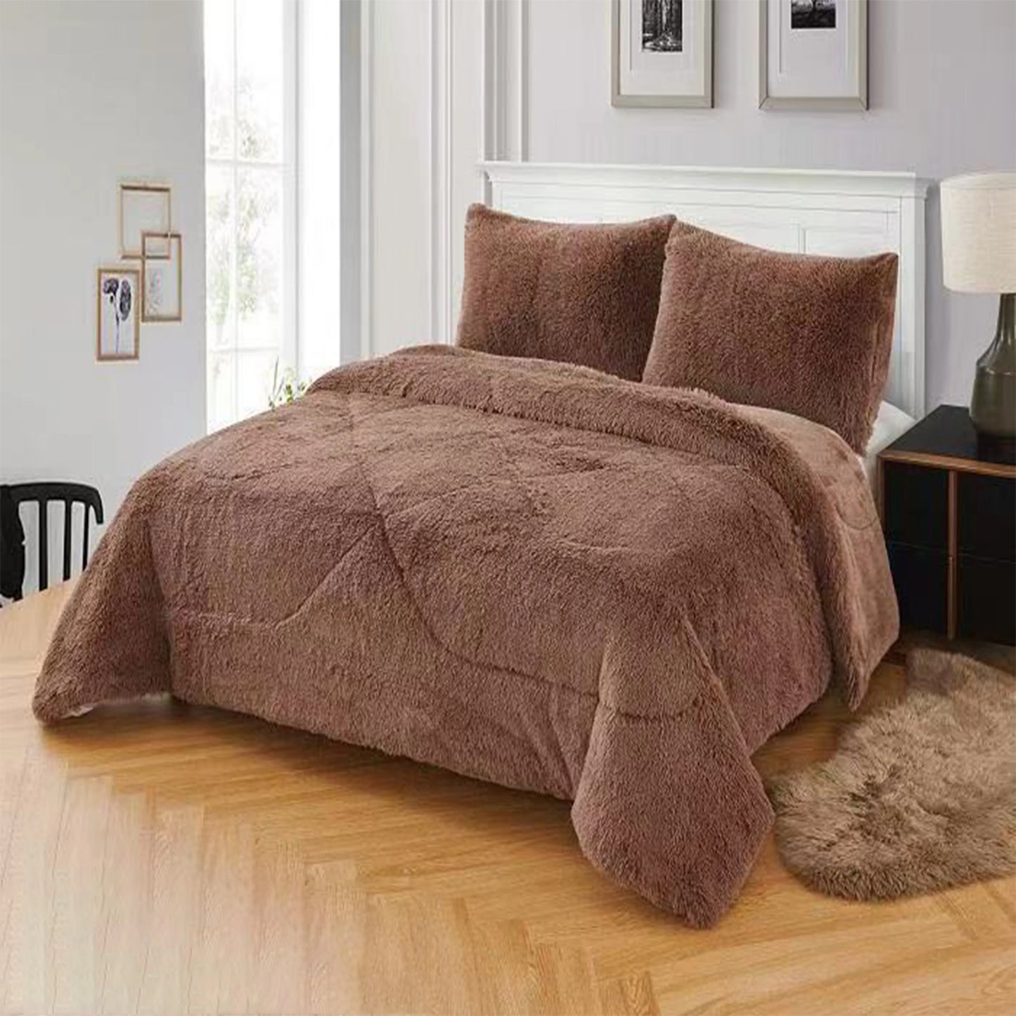 3pc Solid Color Shaggy Comforter Set Luxury PV Faux Fur & Soft Velvet Back Ultra Plush Warm Winter Quilt Thick Minky Fleece Cozy
