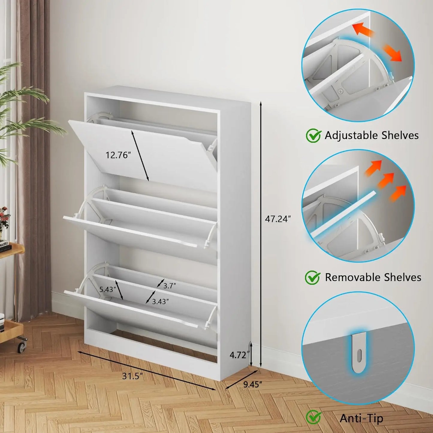 Shoe Cabinet with 3 Flip Drawers