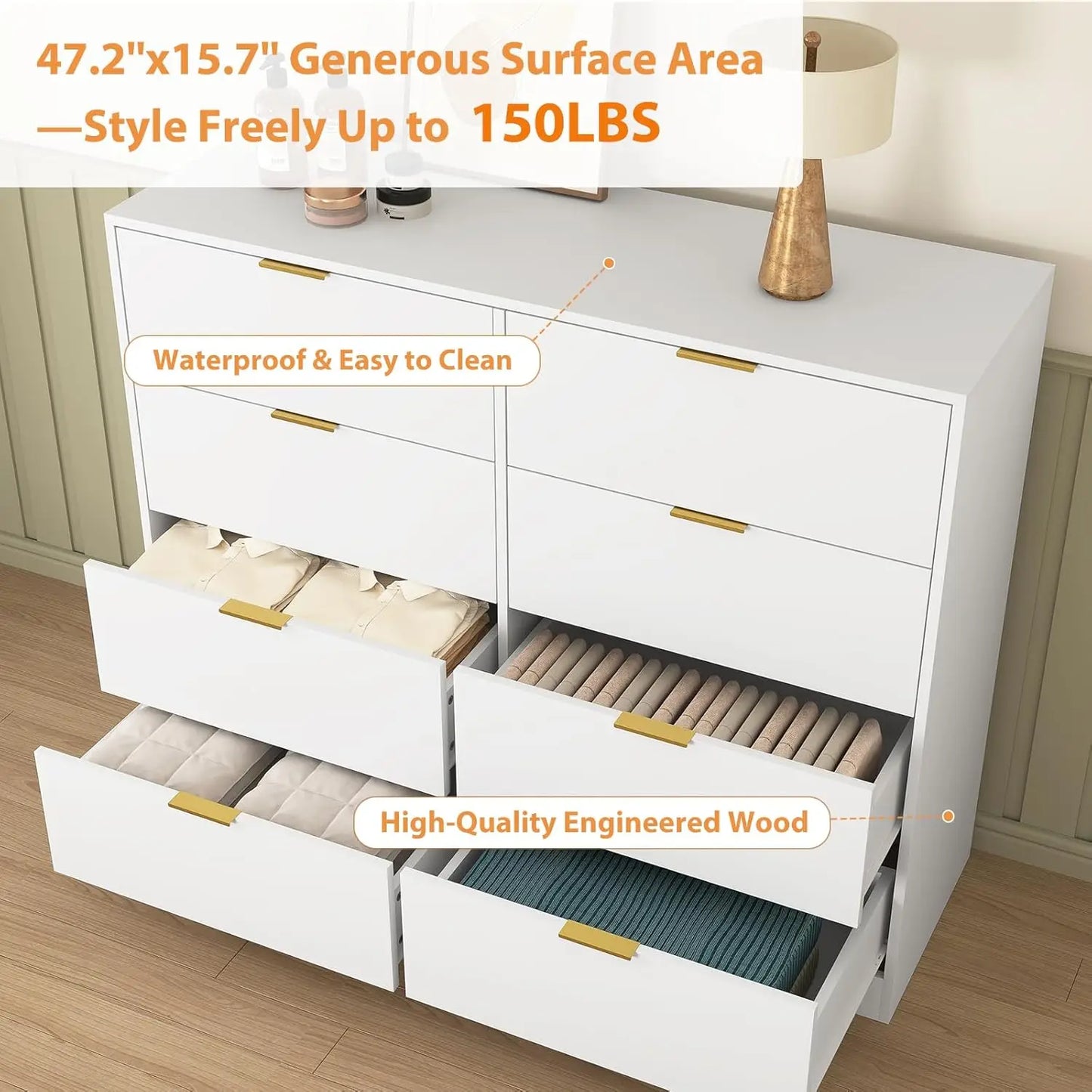 Wide 6 Drawer Dresser with Gold Handles