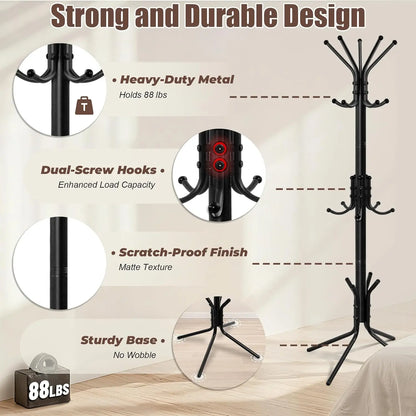 Coat Rack with 15 Hooks, Sturdy Metal