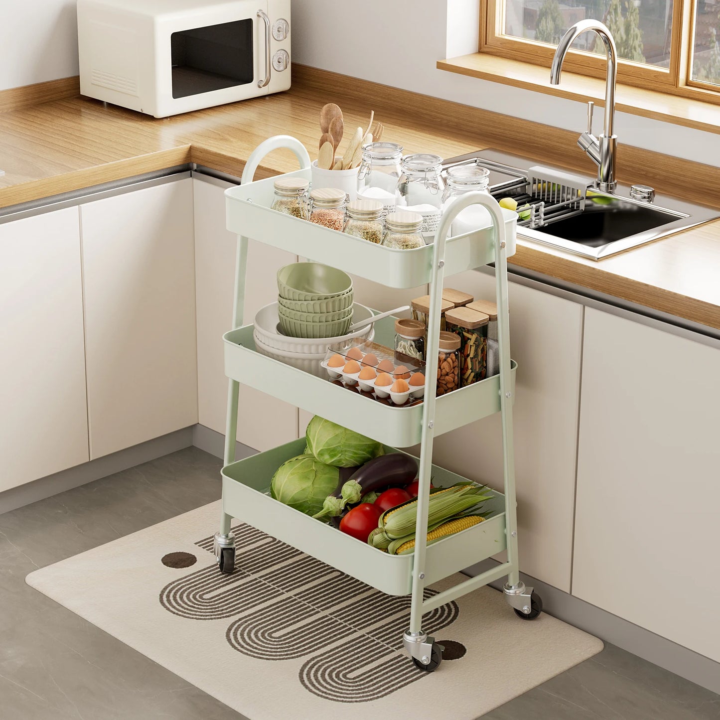 3-Tier Storage Kitchen Cart with Lockable Wheels
