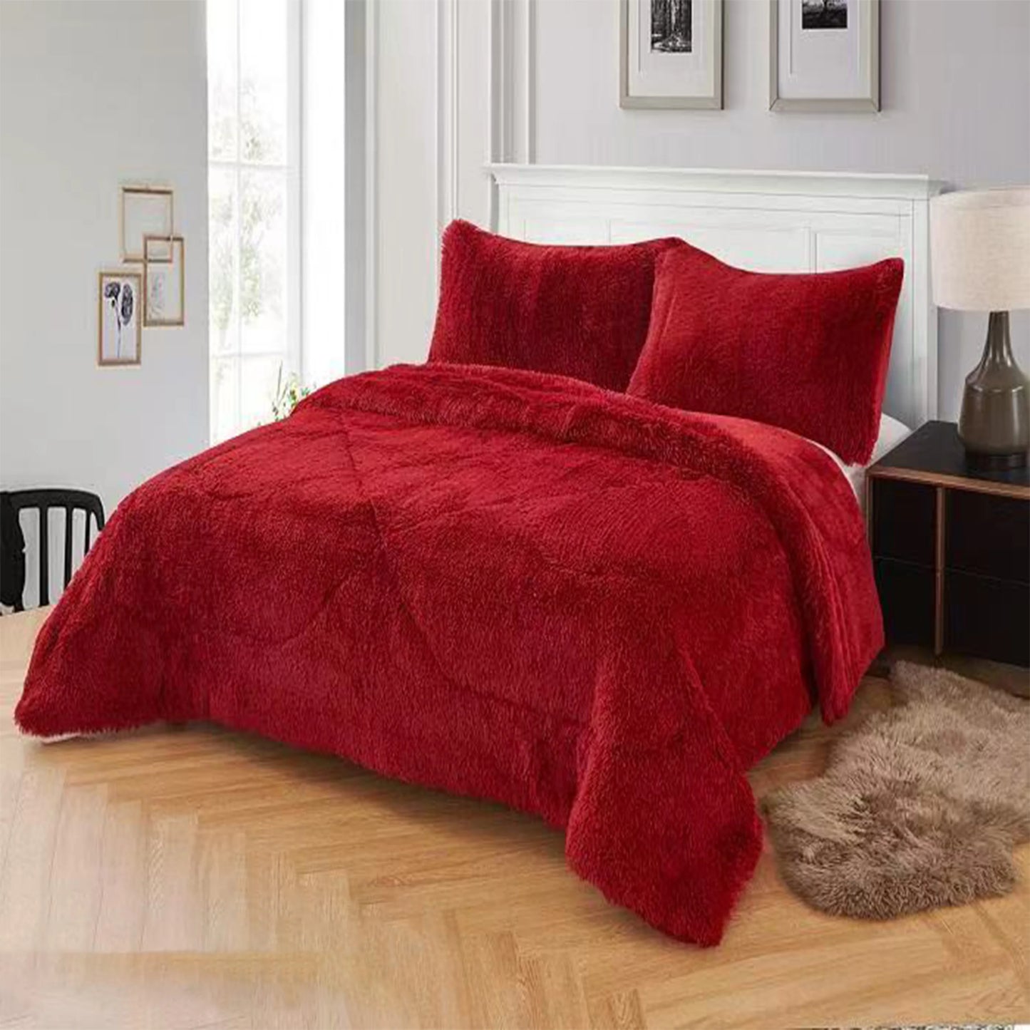 3pc Solid Color Shaggy Comforter Set Luxury PV Faux Fur & Soft Velvet Back Ultra Plush Warm Winter Quilt Thick Minky Fleece Cozy