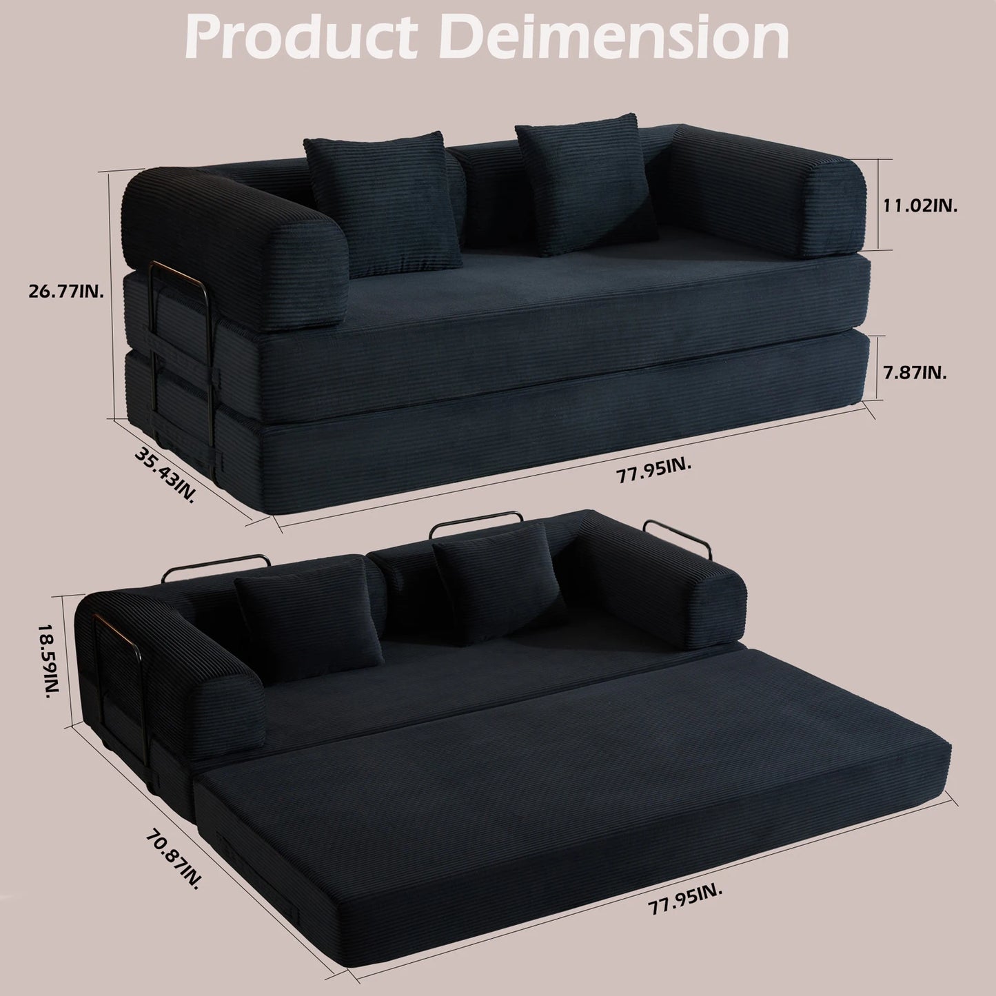 79" Folding Corduroy Futon Sofa Bed