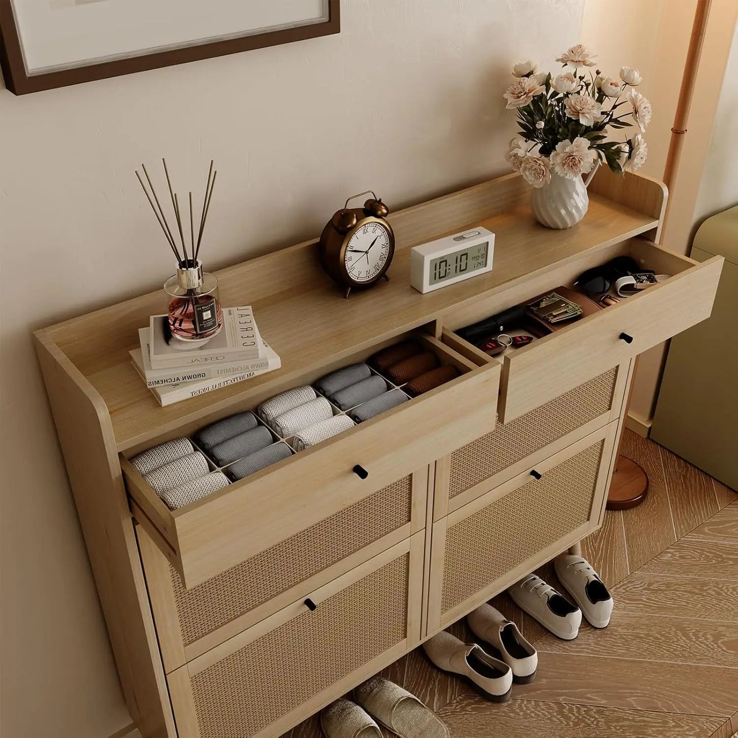 Rattan Cabinet Storage with 4 Flip Drawers
