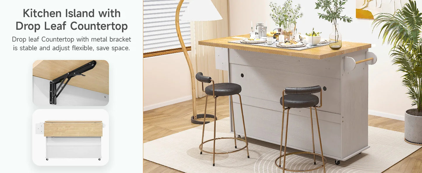 60" Mobile Kitchen Island Rolling Trolley. Kitchen Island Table Drop Leaf Home Carts with Power Outlet Spice Towel Rack Trash
