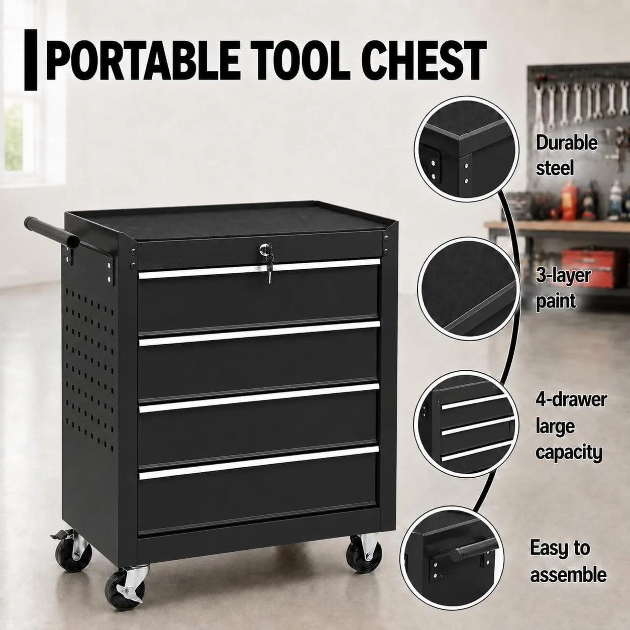 Locking 4 Drawer Rolling Tool Chest