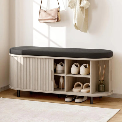 Fluted Shoe Bench with Cushion, Sliding Door