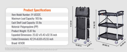 3-Tier Folding Rolling Utility Storage Cart