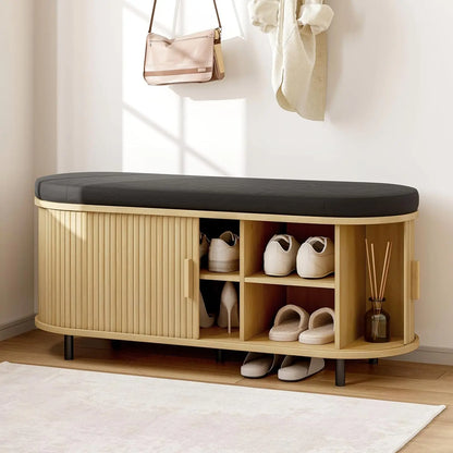 Fluted Shoe Bench with Cushion, Sliding Door