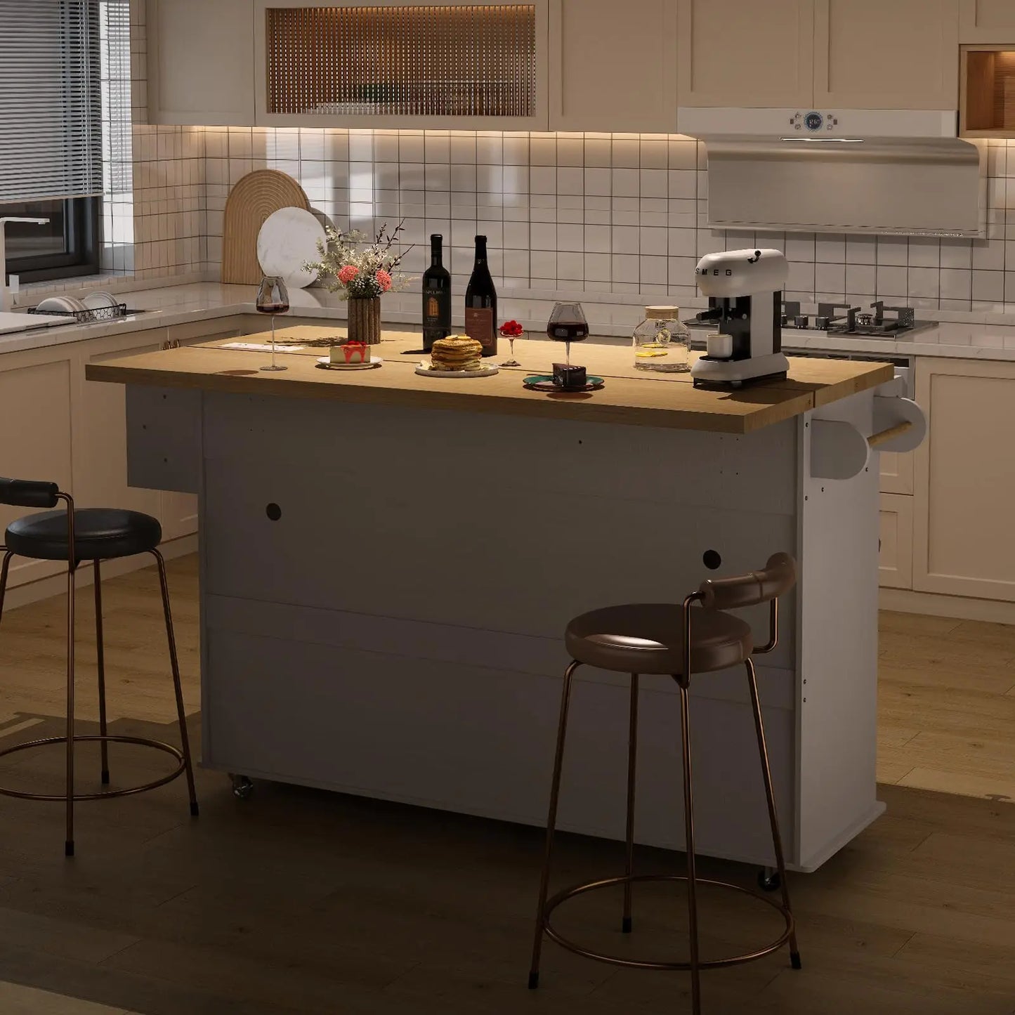 60" Mobile Kitchen Island Rolling Trolley. Kitchen Island Table Drop Leaf Home Carts with Power Outlet Spice Towel Rack Trash