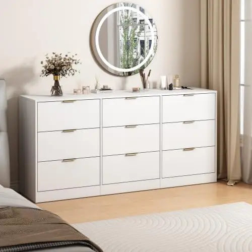 Wide 6 Drawer Dresser with Gold Handles