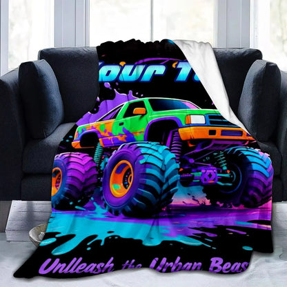 Personalized Name Cartoon Monster Truck Flannel Blanket