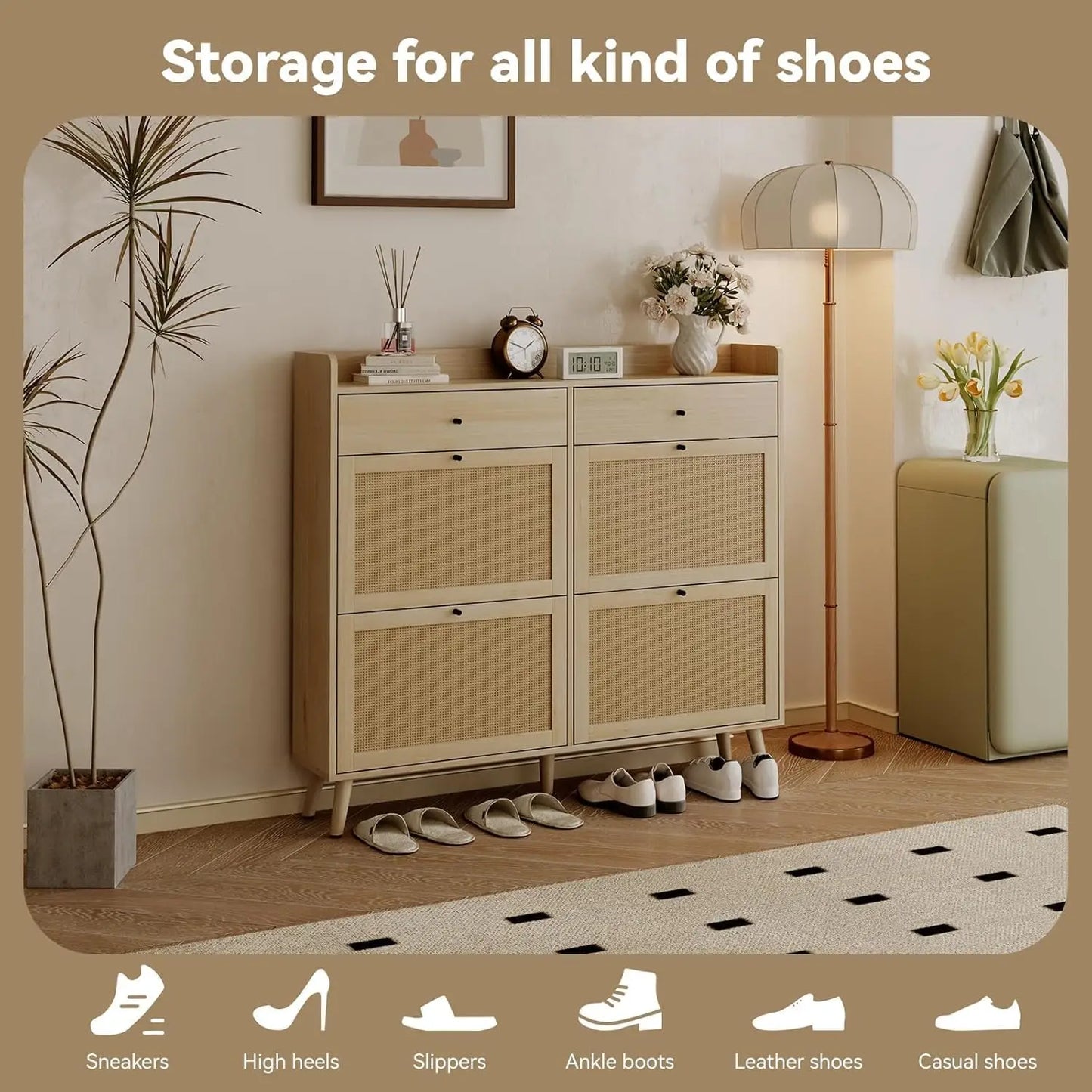 Rattan Cabinet Storage with 4 Flip Drawers