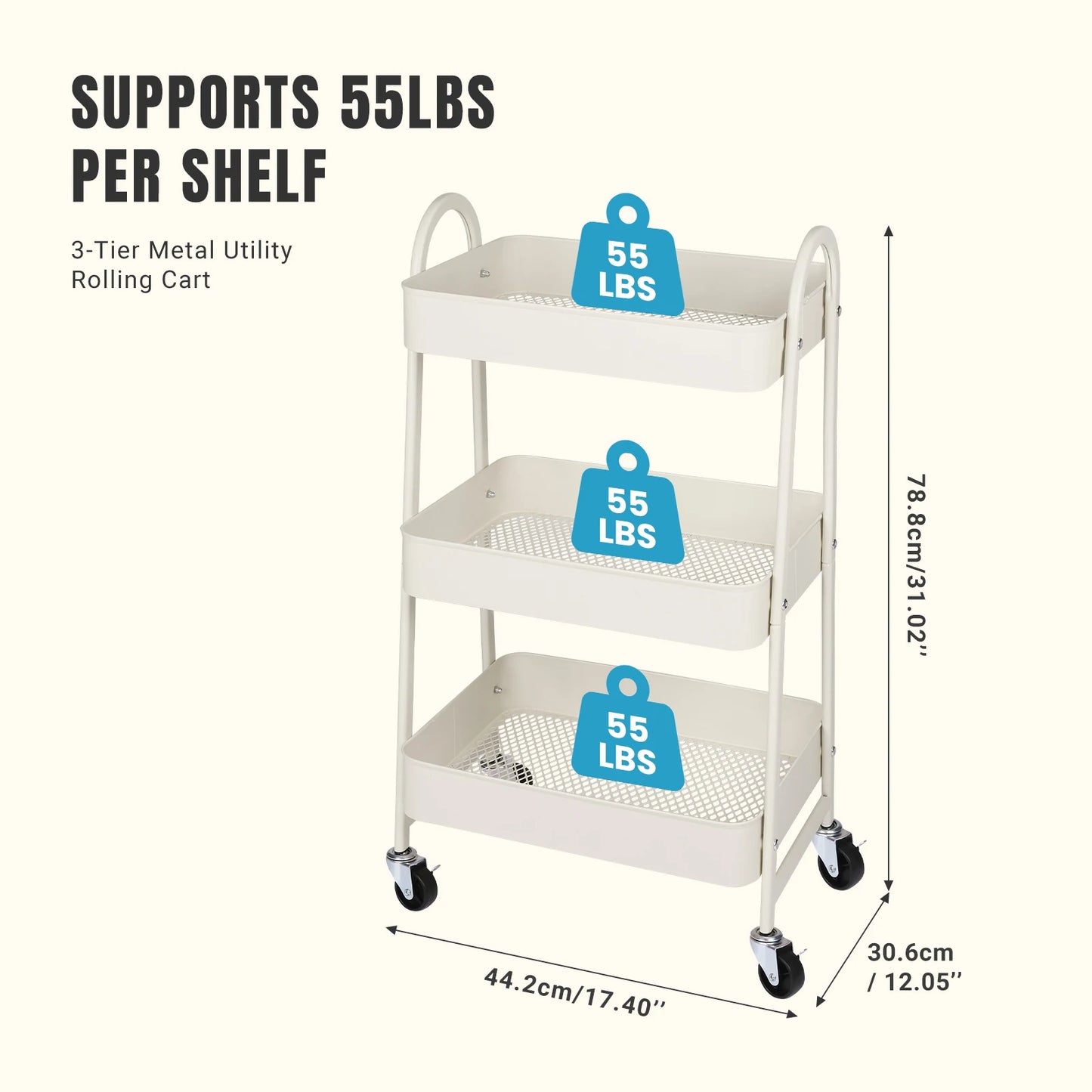 3-Tier Storage Kitchen Cart with Lockable Wheels
