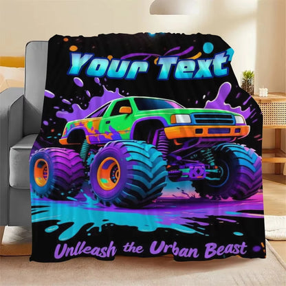 Personalized Name Cartoon Monster Truck Flannel Blanket
