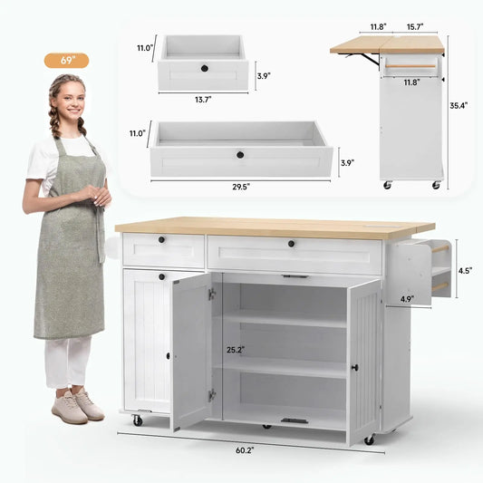 60" Mobile Kitchen Island Rolling Trolley. Kitchen Island Table Drop Leaf Home Carts with Power Outlet Spice Towel Rack Trash