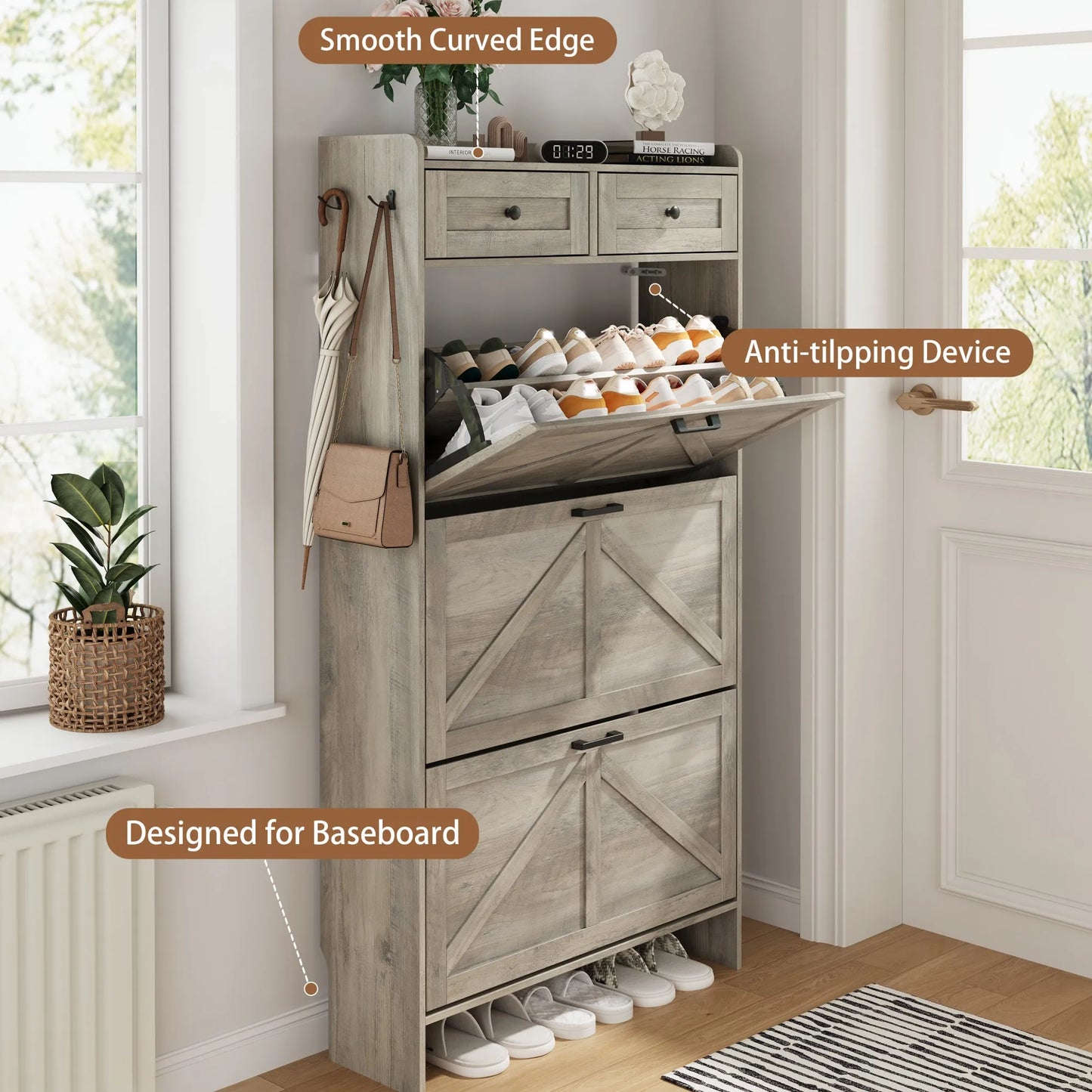Shoe Cabinet with 3 Flip and 2 Drawers