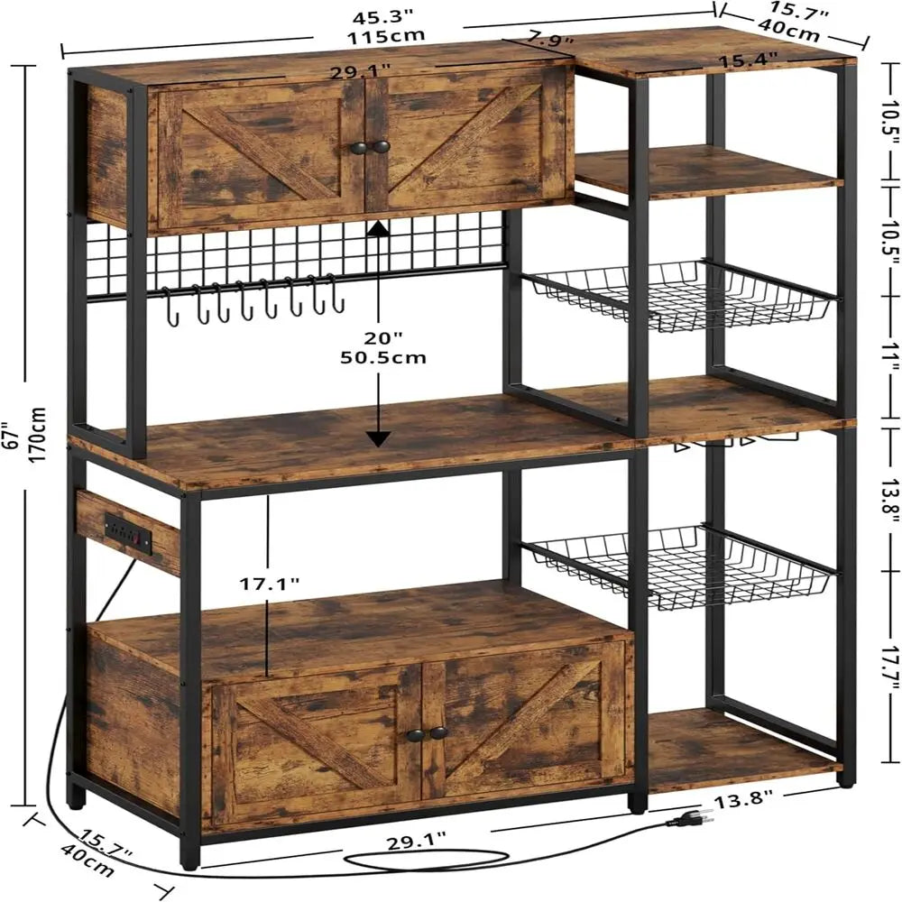 Bakers Rack with 2 Storage Cabinets and Outlet