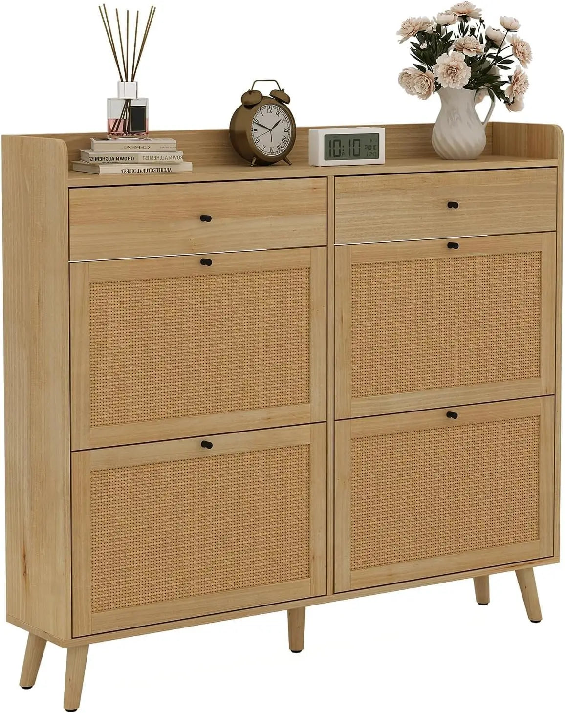 Rattan Cabinet Storage with 4 Flip Drawers
