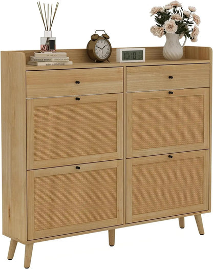 Rattan Cabinet Storage with 4 Flip Drawers