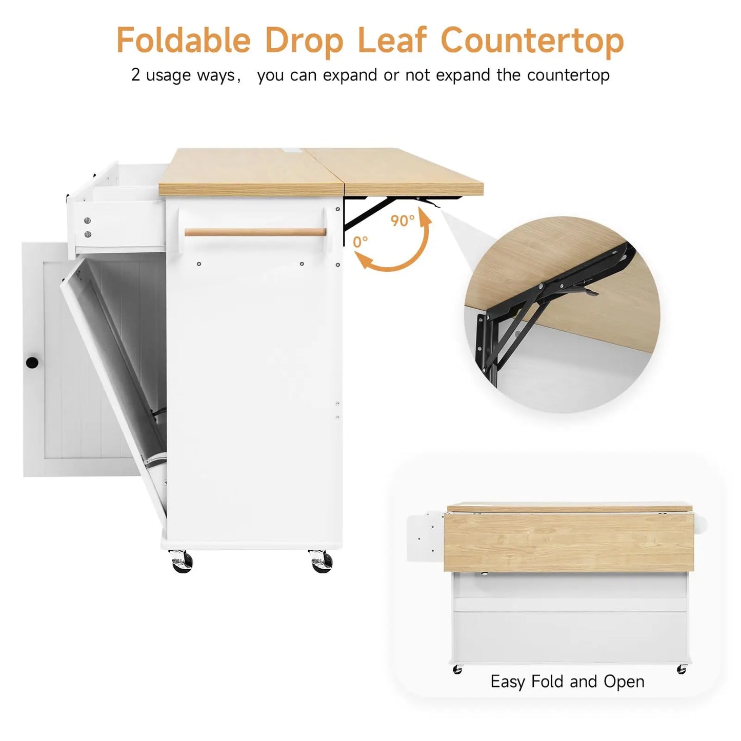 60" Mobile Kitchen Island Rolling Trolley. Kitchen Island Table Drop Leaf Home Carts with Power Outlet Spice Towel Rack Trash