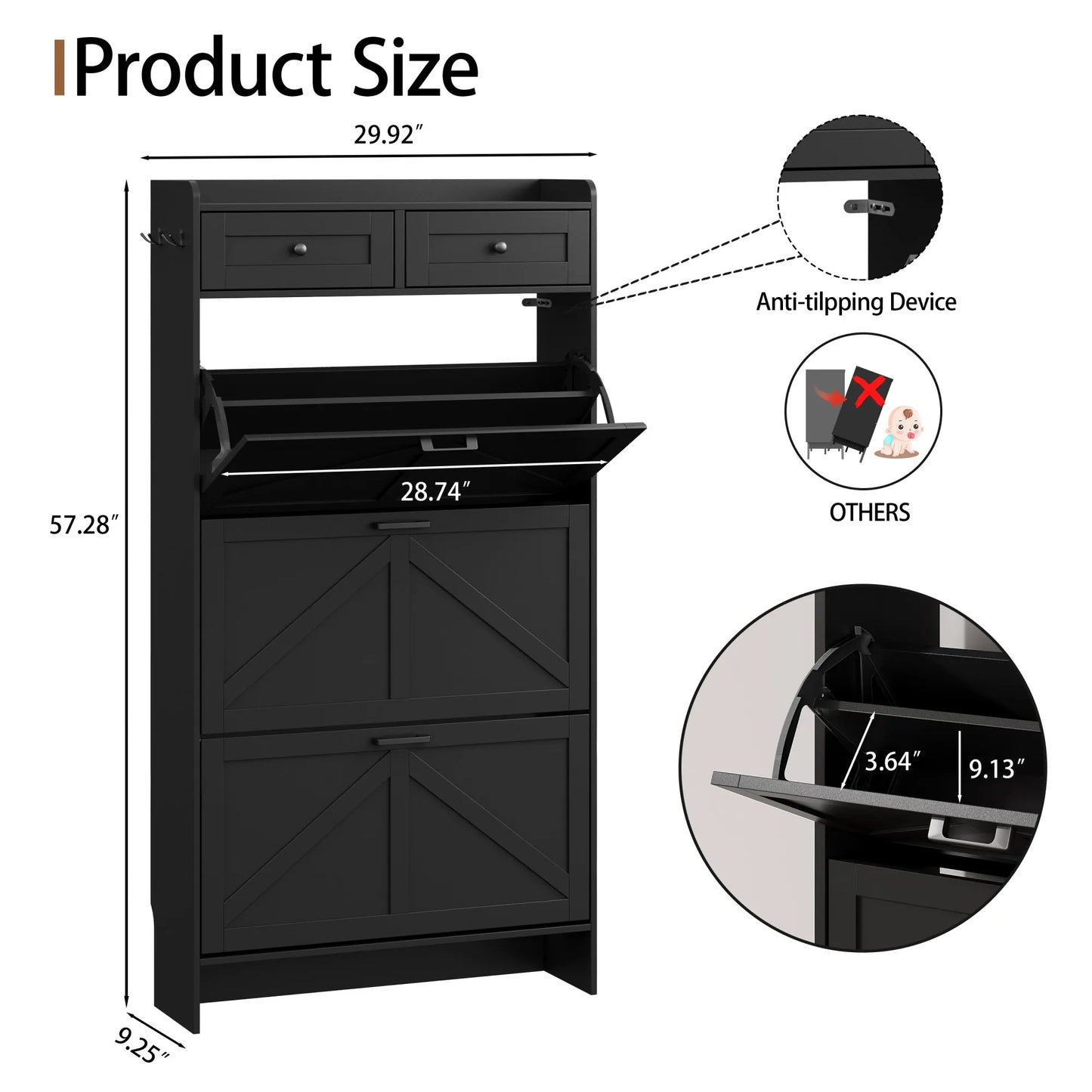 Shoe Cabinet with 3 Flip and 2 Drawers