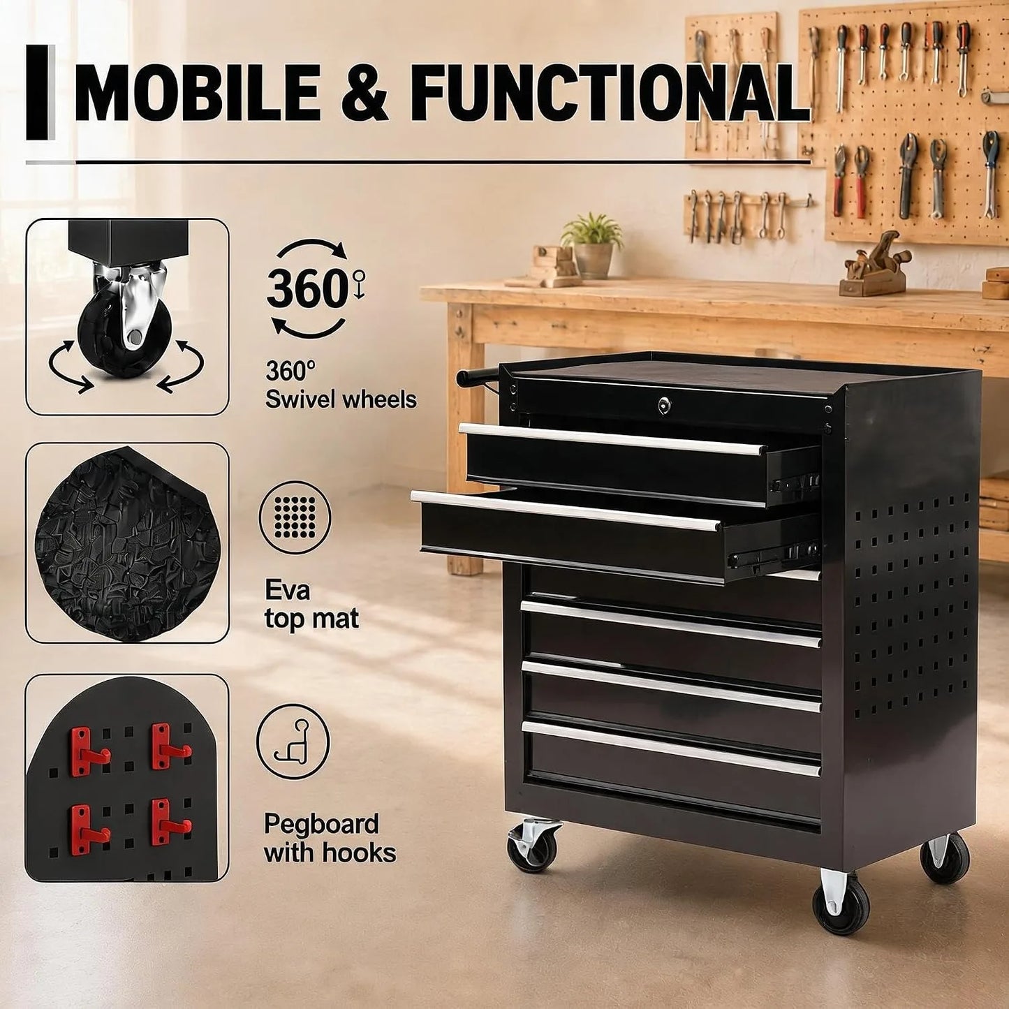 6 Drawer Rolling Tool Chest with Locking Wheels