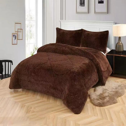 3pc Solid Color Shaggy Comforter Set Luxury PV Faux Fur & Soft Velvet Back Ultra Plush Warm Winter Quilt Thick Minky Fleece Cozy