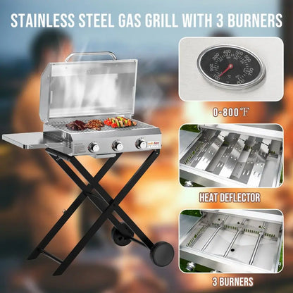3Burner Gas Grill with Foldable Cart