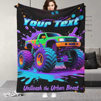 Personalized Name Cartoon Monster Truck Flannel Blanket