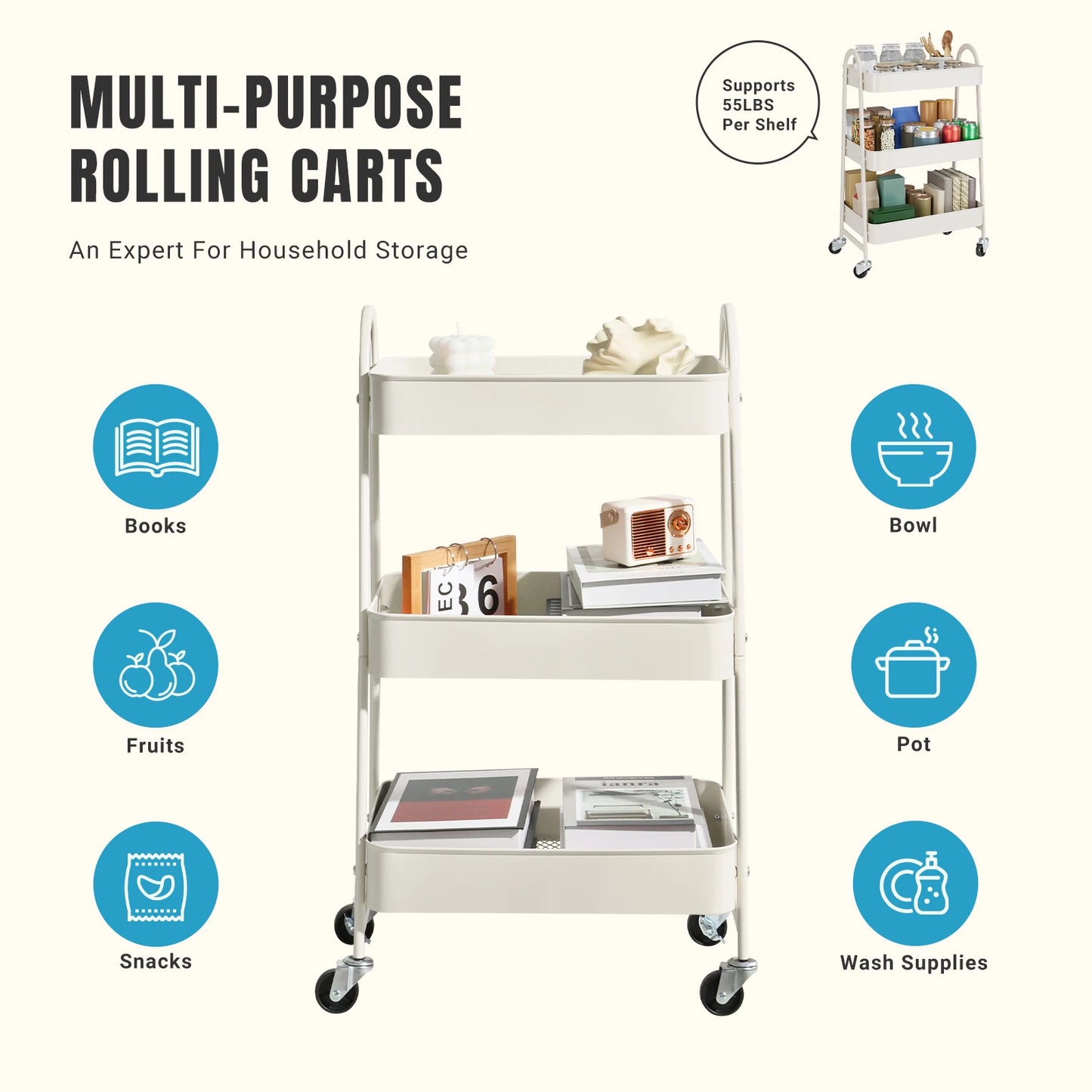 3-Tier Storage Kitchen Cart with Lockable Wheels