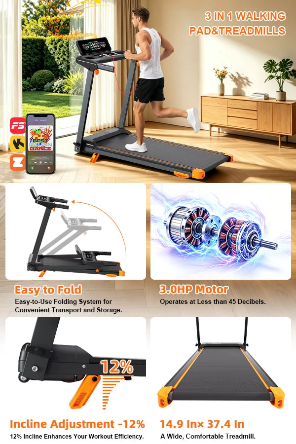 12% Incline, 3-in-1 Foldable Treadmills