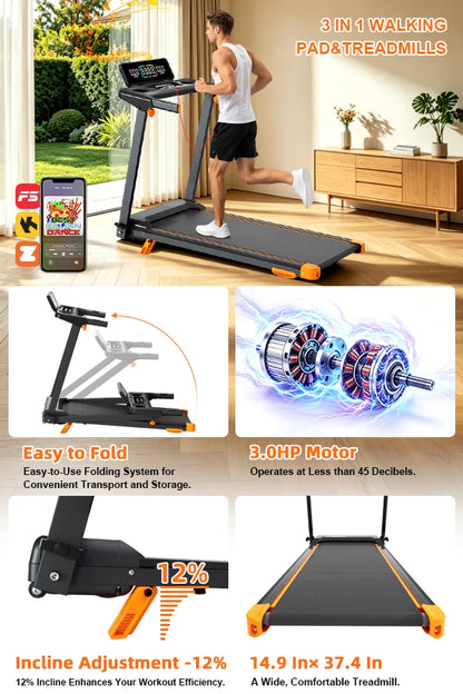 12% Incline, 3-in-1 Foldable Treadmills