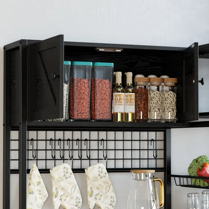 Bakers Rack with 2 Storage Cabinets and Outlet