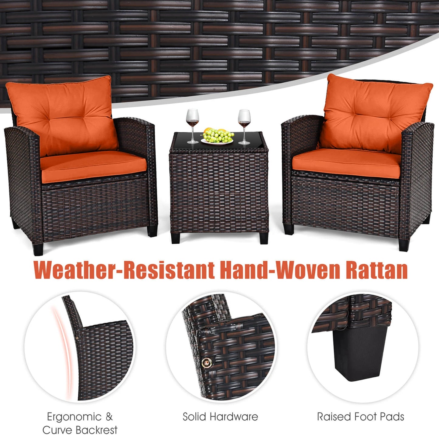 3 PCS Patio Furniture Set Cushioned Orange