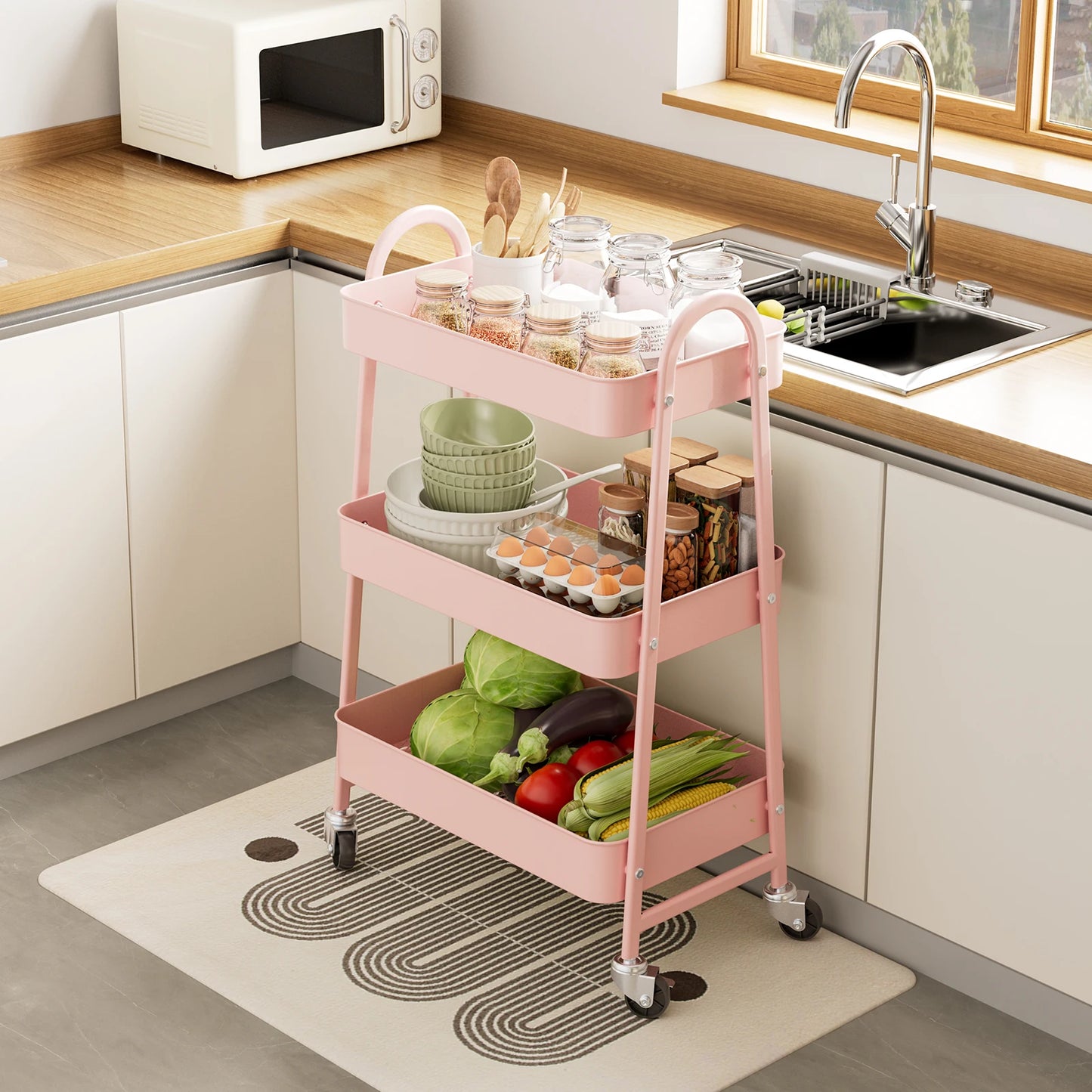 3-Tier Storage Kitchen Cart with Lockable Wheels