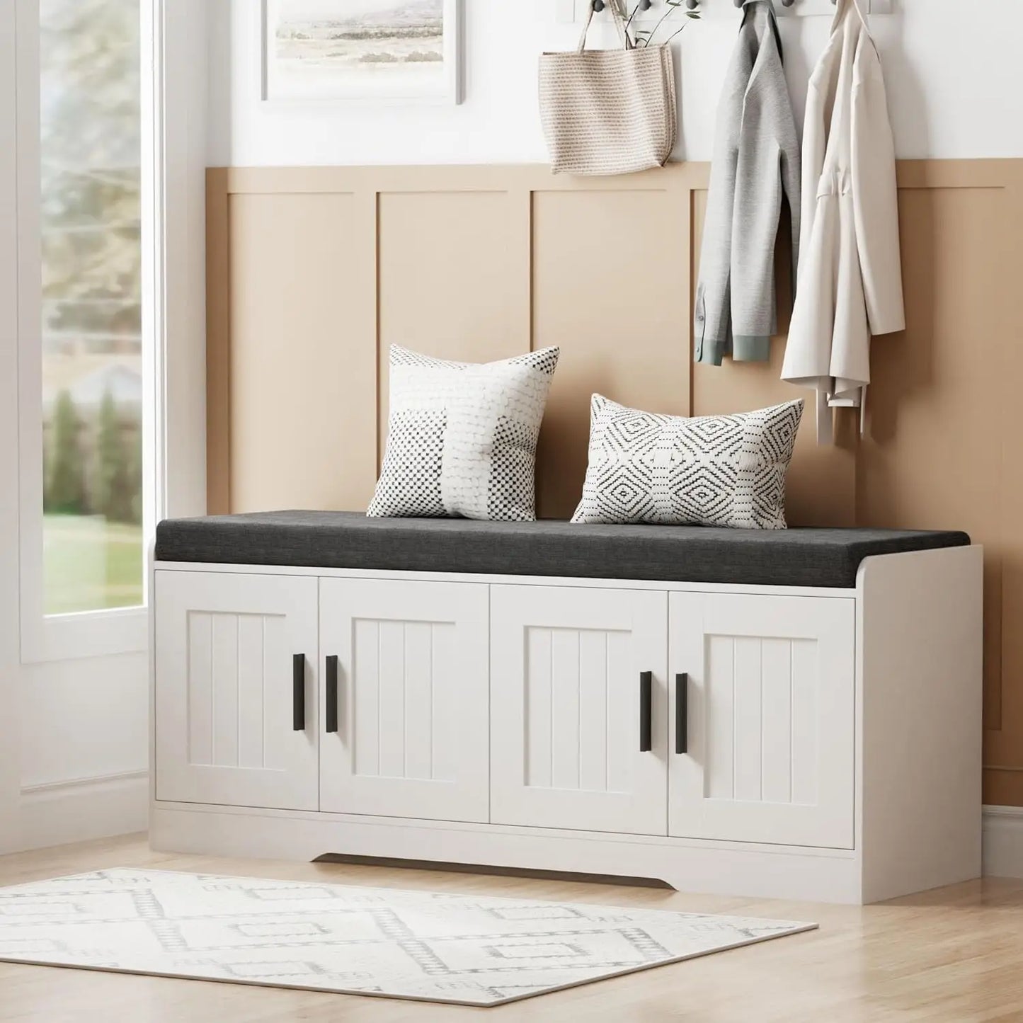 2-Tier Shoe Bench-Padded Seat, with Adjustable Shelf