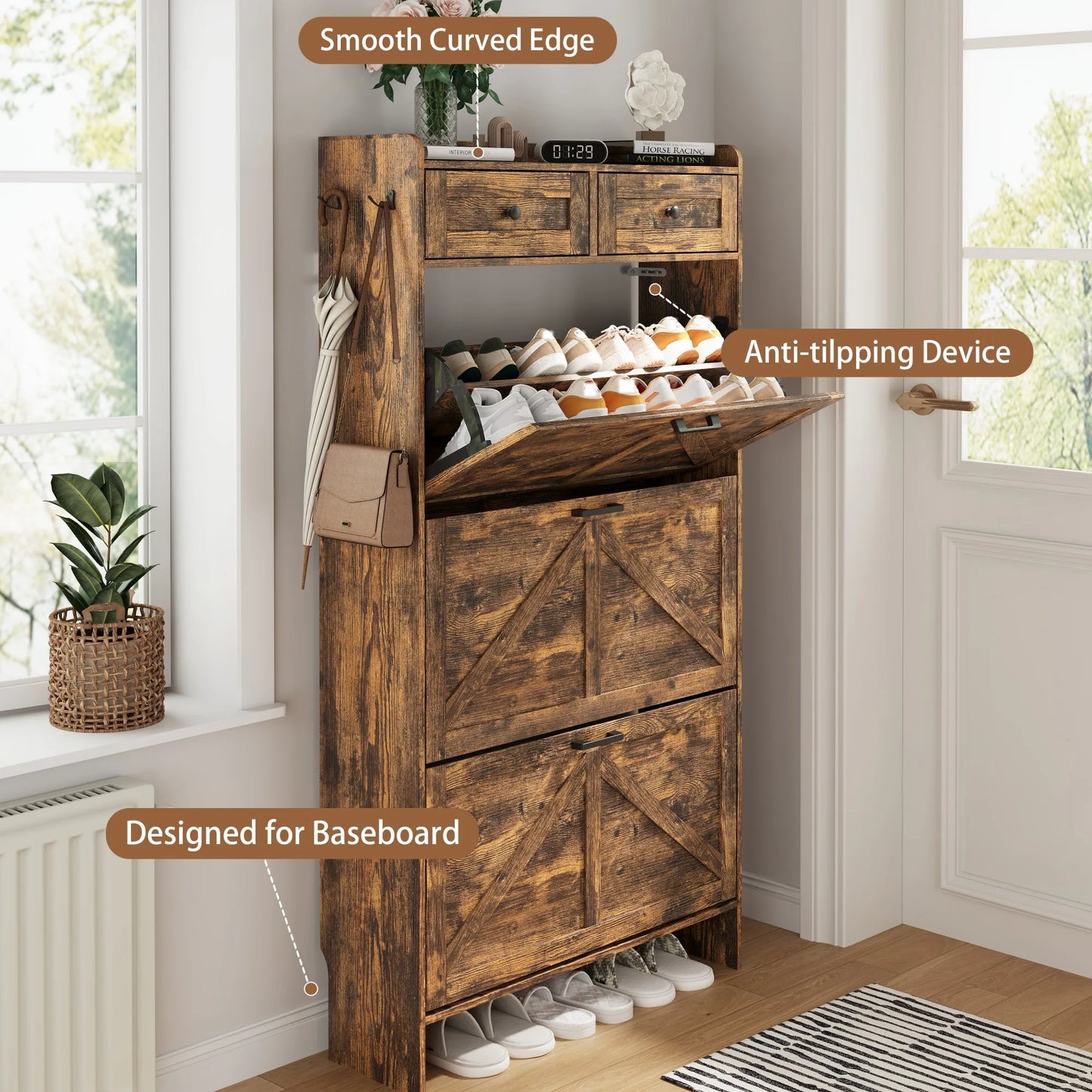 Shoe Cabinet with 3 Flip and 2 Drawers