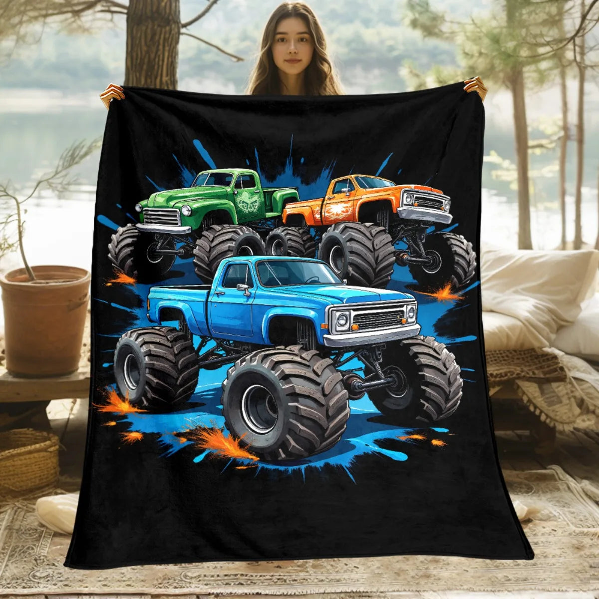 1pc Monster Trucks Blanket-Lightweight Home Furnishings Bedding Blanket 280gsm Suitable for Sofas Beds Travel Camping Living Rooms Offices Sofas Chairs and Beds-Soft and Warm Fabric Digital Printed Blanket