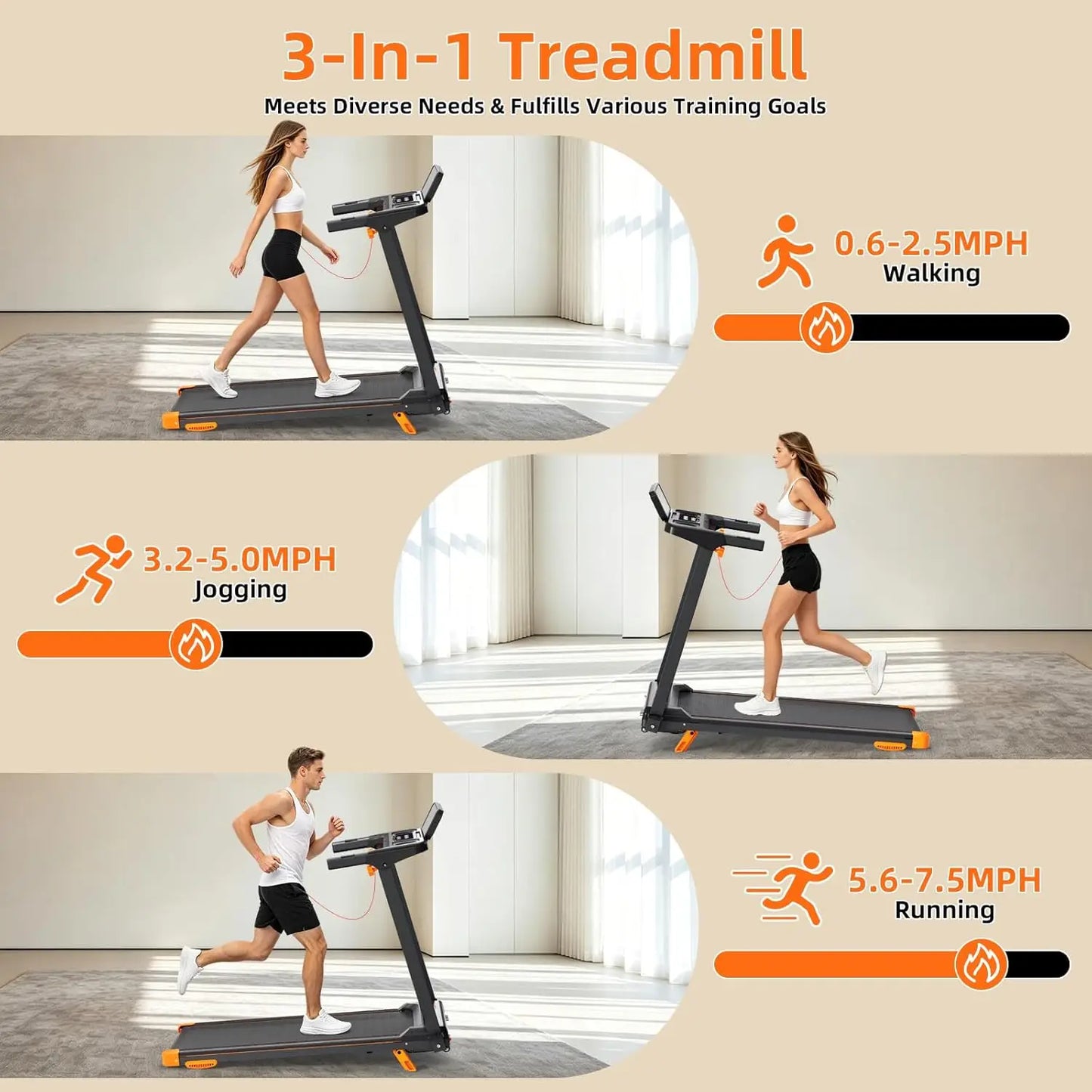 12% Incline, 3-in-1 Foldable Treadmills