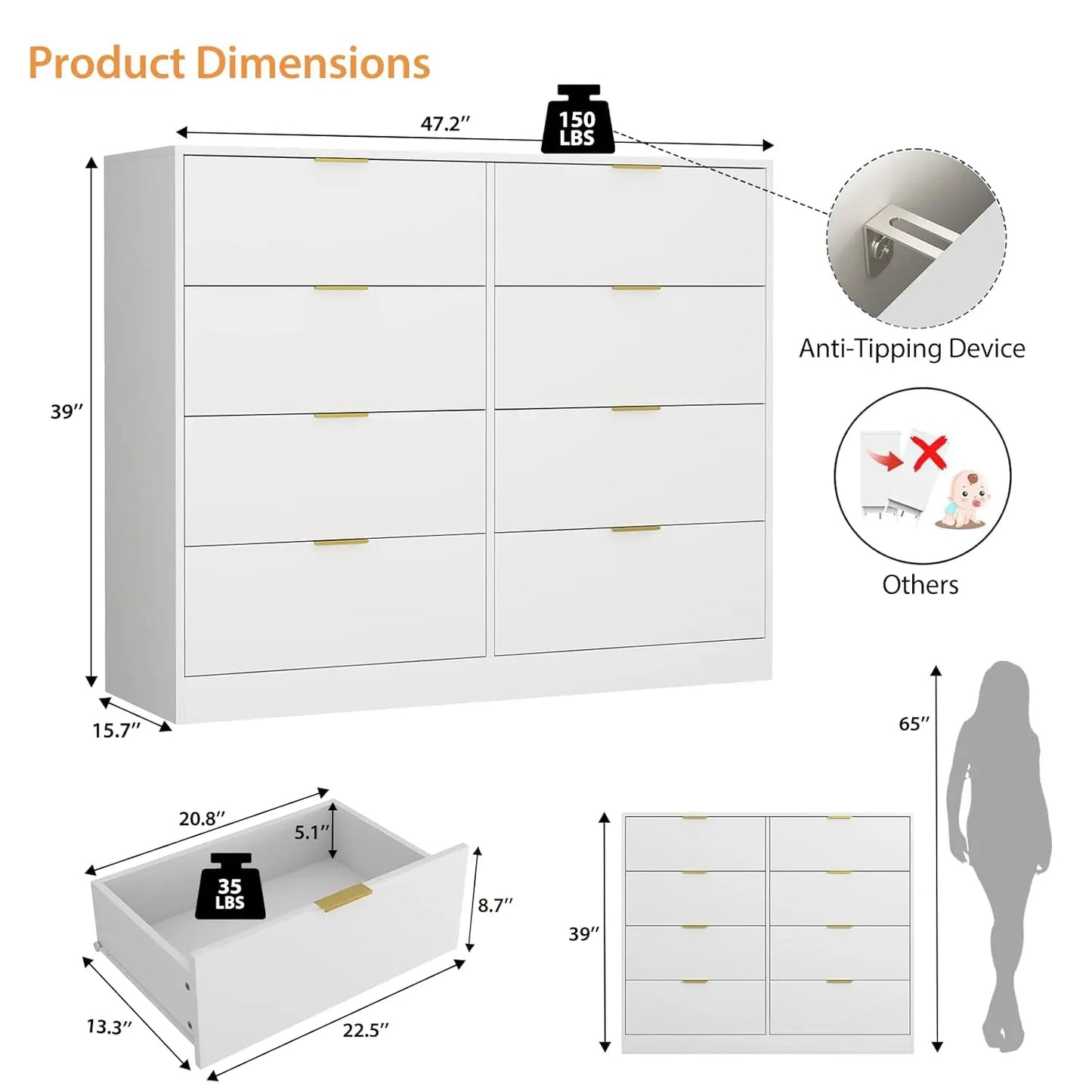 Wide 6 Drawer Dresser with Gold Handles
