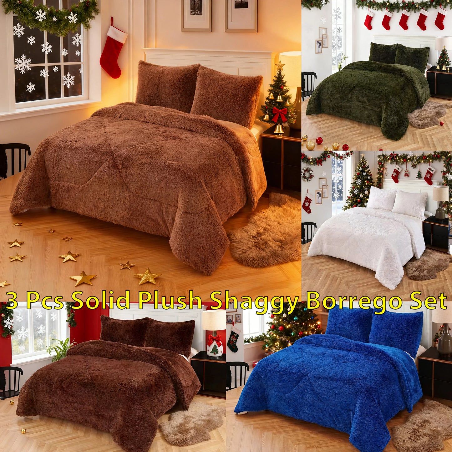 3pc Solid Color Shaggy Comforter Set Luxury PV Faux Fur & Soft Velvet Back Ultra Plush Warm Winter Quilt Thick Minky Fleece Cozy