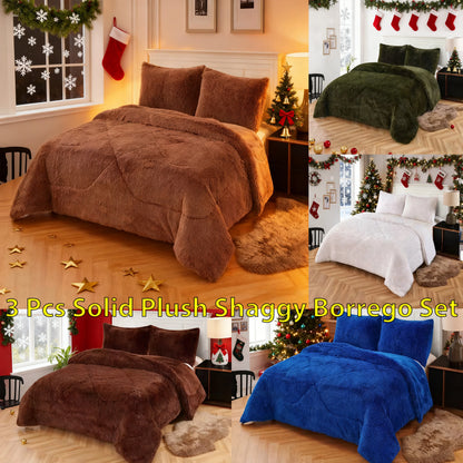 3pc Solid Color Shaggy Comforter Set Luxury PV Faux Fur & Soft Velvet Back Ultra Plush Warm Winter Quilt Thick Minky Fleece Cozy
