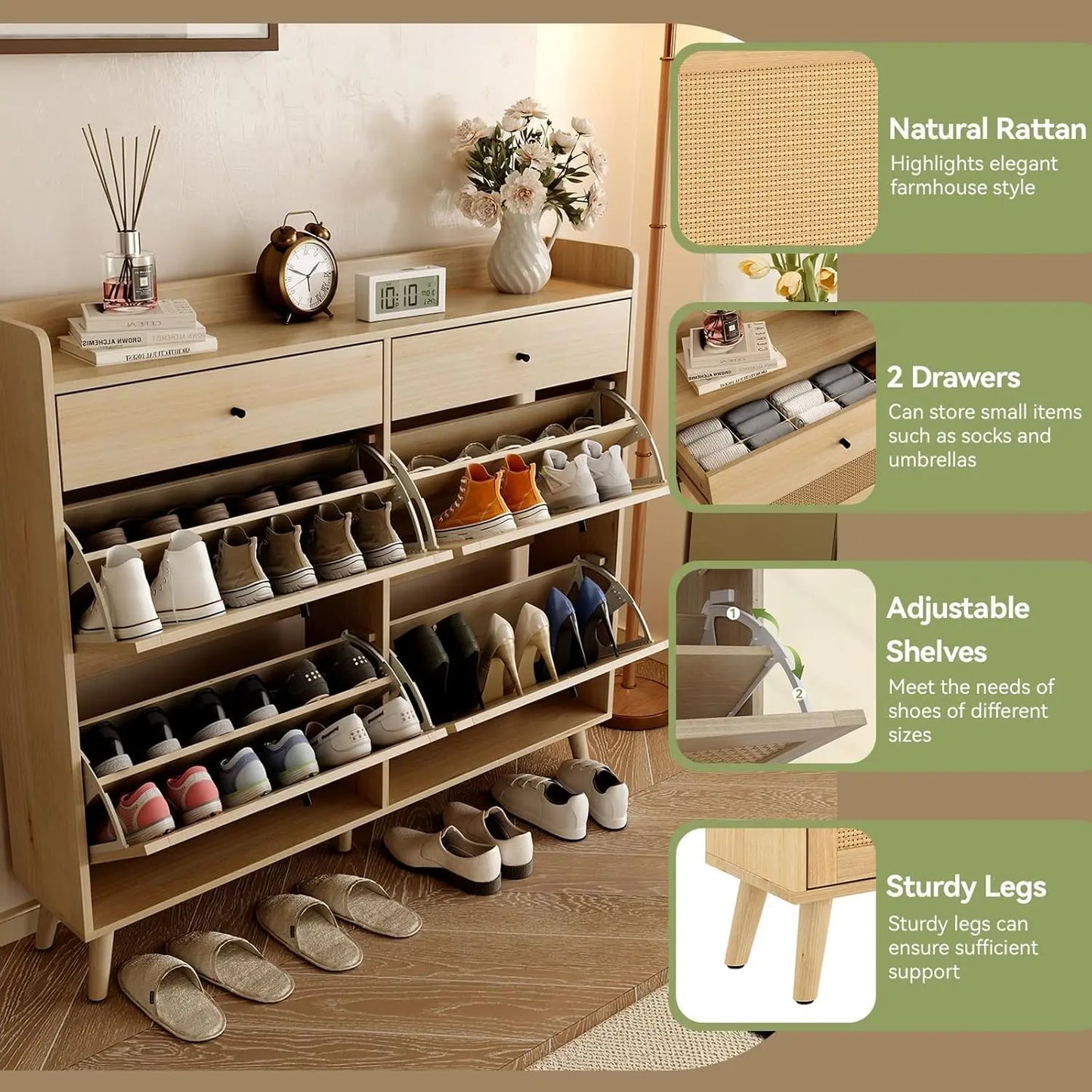 Rattan Cabinet Storage with 4 Flip Drawers